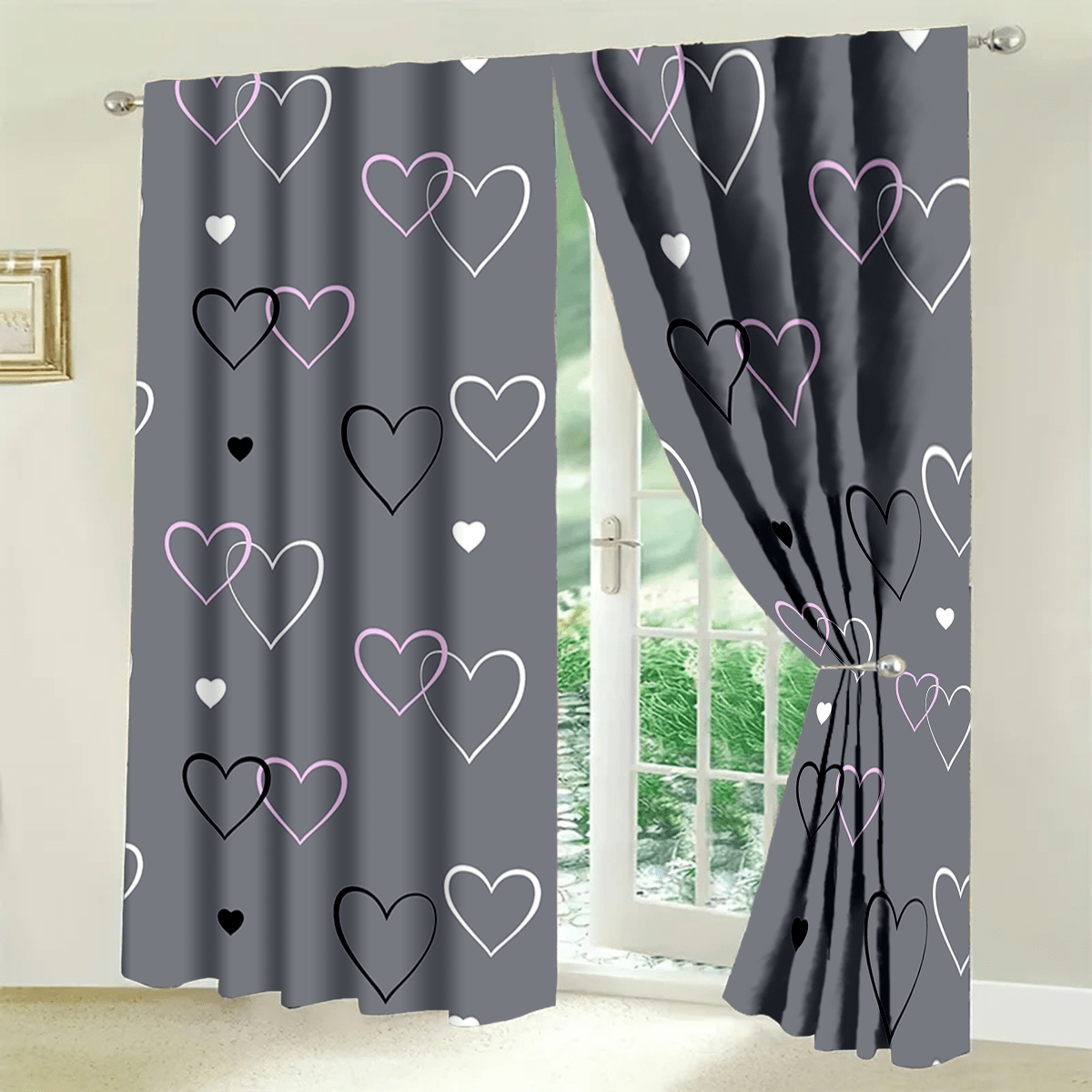 TEMU 2d Flat - 2d Flat Printing 2pcs, Valentine's Day Heart Pattern Blackout Curtains - Elegant Gray With Pink And White Hearts, Rod , Machine