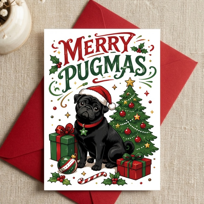 TEMU Merry Pug Christmas Card - Cute Wearing A Santa Hat With A Christmas Tree - Holiday Illustration - Gift Exchange For Best Friend, Girlfriend,