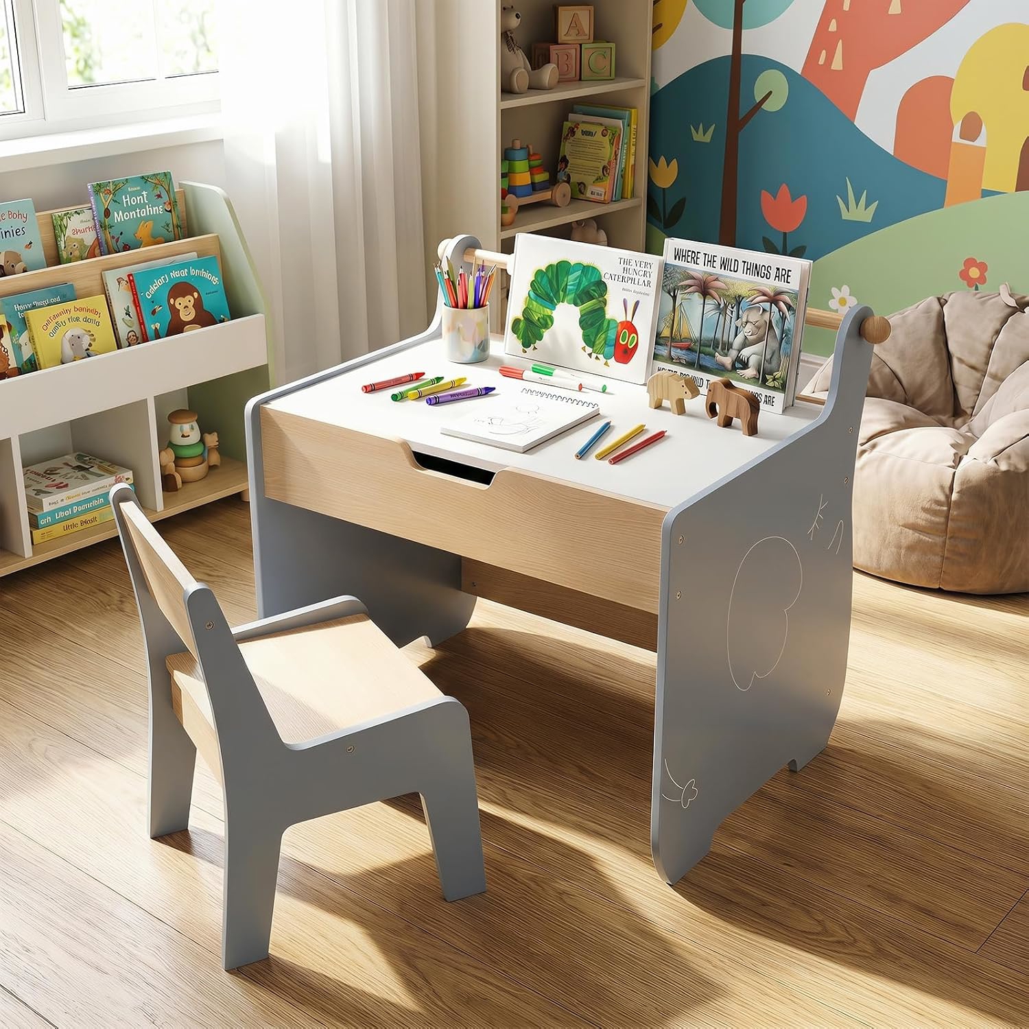 Image of Kids Art Table And Chair Set, Craft Study Desk With Reversible Blackboard & Whiteboard, Wooden Multi-activity Table With Paper Roll And Hidden Storage For Drawing, Painting, Writing, Gray And Natural