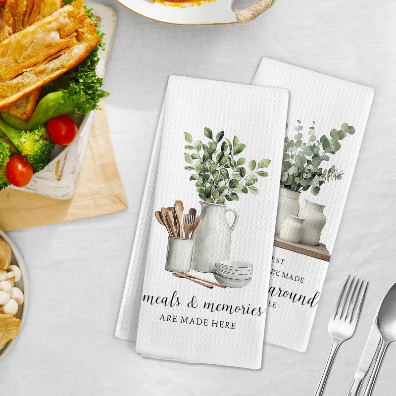 TEMU 2pcs 45.72*66.04cm Eucalyptus Leaves Kitchen Towels, Sage Green Farmhouse Cooking Hand Towels, Meals And Memories Are Made Here Dish Tea Cloth