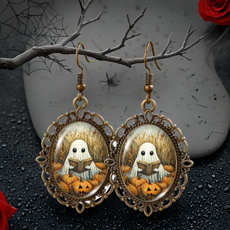TEMU Reading And Many Pumpkins Pattern Oval Glass Cabochon Retro Flower Shaped Dangle Earrings Fashion Handmade Jewelry Additions Gifts, Without