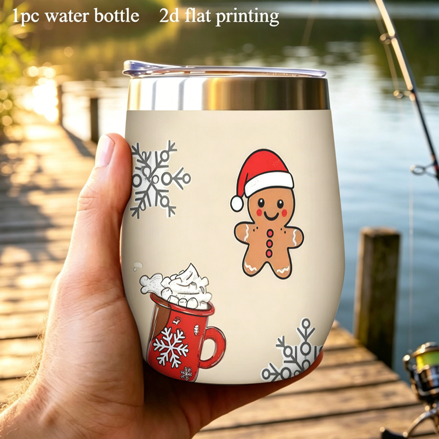 TEMU 1pc 1pcs 1pc Suitable For Christmas Thermal Water Bottle With Lid - Mug, Uv Printed Gingerbread & Snowflake Egg-shaped Cup, 304 Stainless For