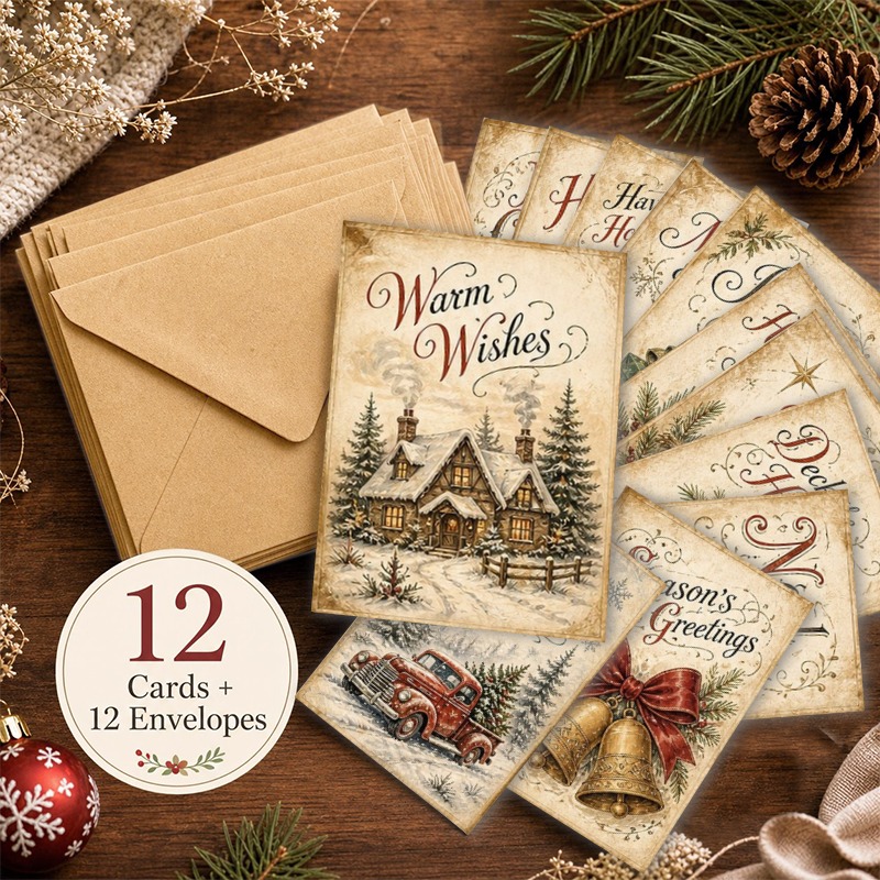 TEMU Usea12 Cards And 12 Envelopes 12pcs Vintage Christmas Greeting Cards Bulk, Blank Holiday Cards For Men Women Coworkers, Winter Cottage Design