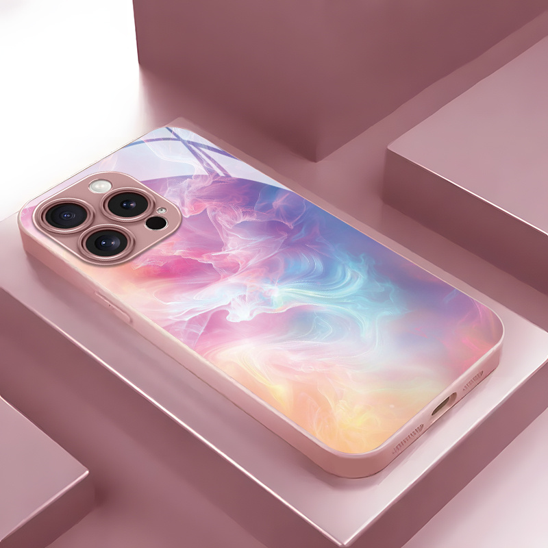 TEMU Phone Case - Colorful Halo Texture Pattern Tempered Glass Phone Case For Iphone 16/16pro/16promax/16plus/15/15plus/15pro/15promax,
