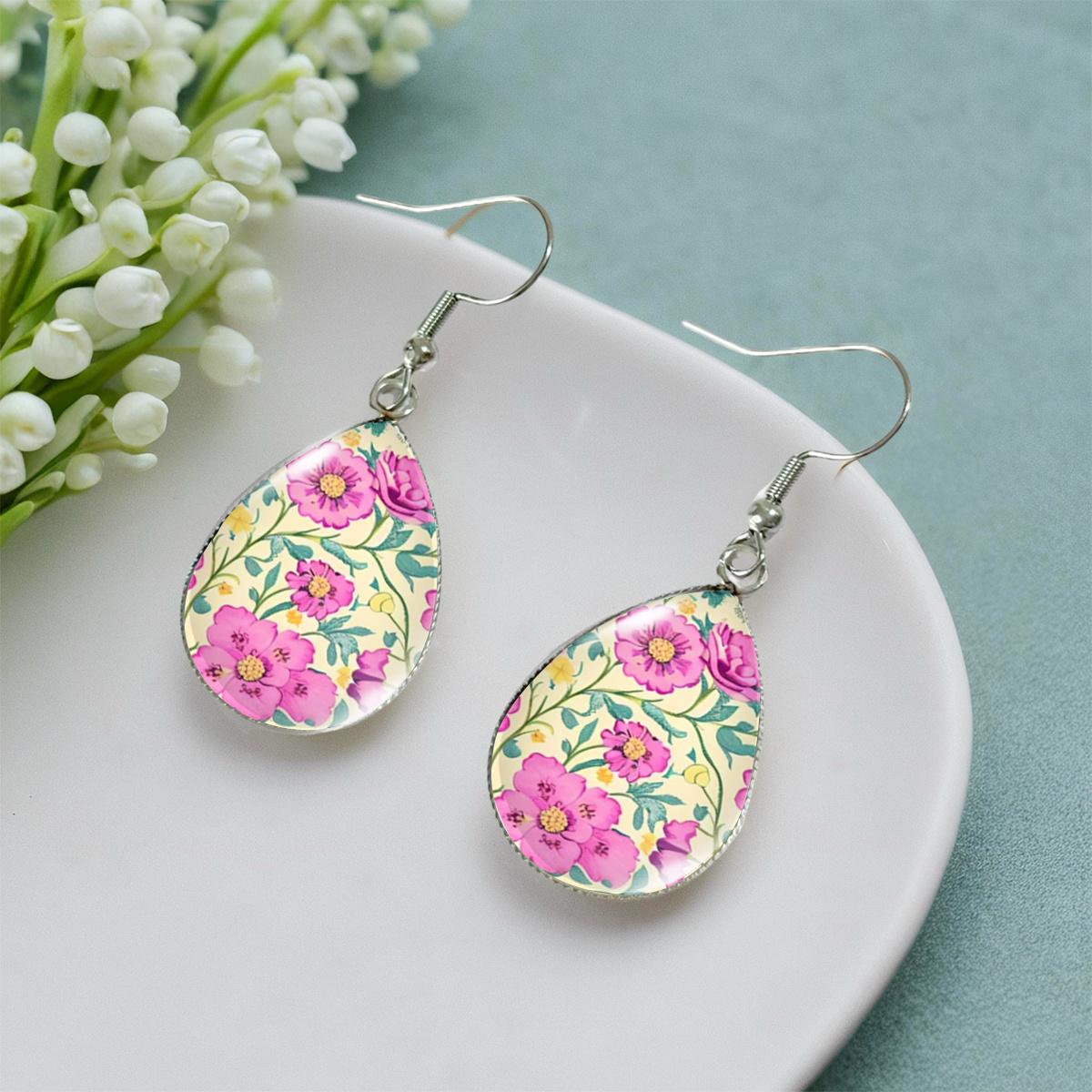 Vintage Floral Teardrop Earrings, Pink & Green Botanical Design
