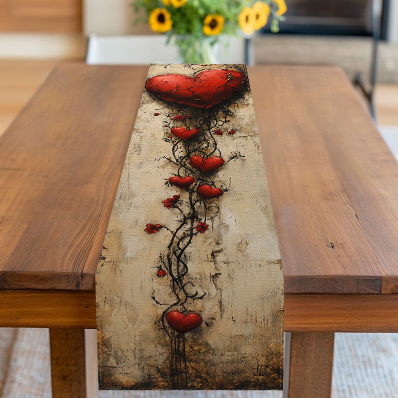 Image of 1pc Rustic Style Table Runner With Red Heart And Floral , 2d Printing, Suitable For Valentine's Day, Wedding, Anniversary, Party, Picnic, Gathering, Perfect For Kitchen And Dining Table Decoration.