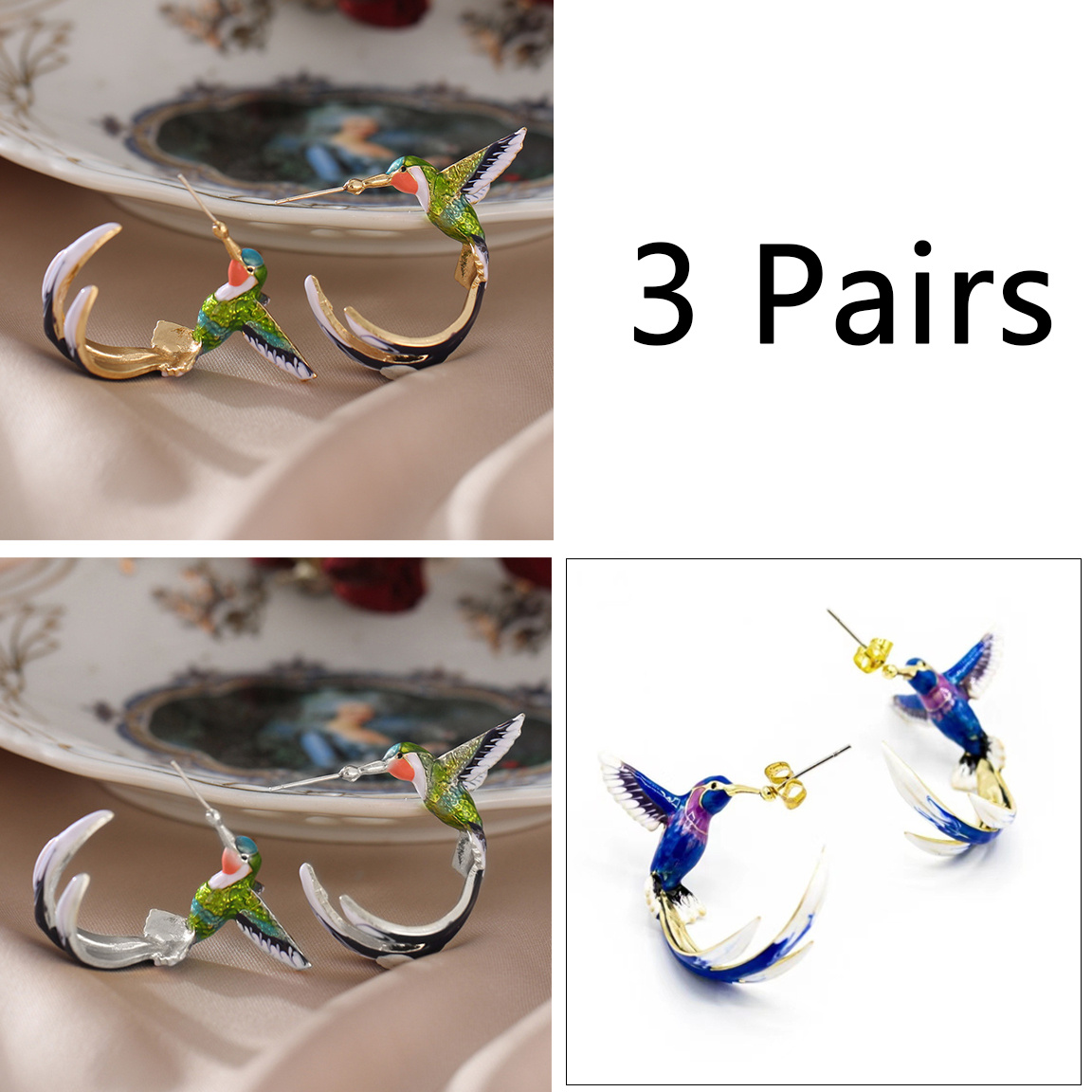 TEMU 3 Pairs Cute And Creative Hummingbird Earrings, Beautifully , Hypoallergenic, Alloy Hummingbird Hoop Earrings, Suitable For Daily, Party, Vacation Wear And Gift