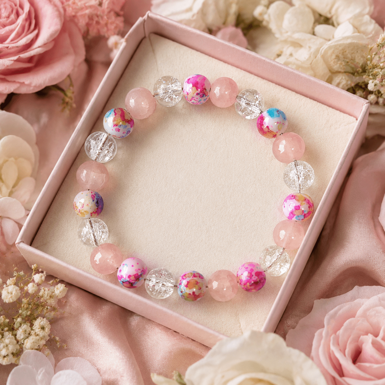 Wealth Bead Bracelet with Rainstone & Pink Agate