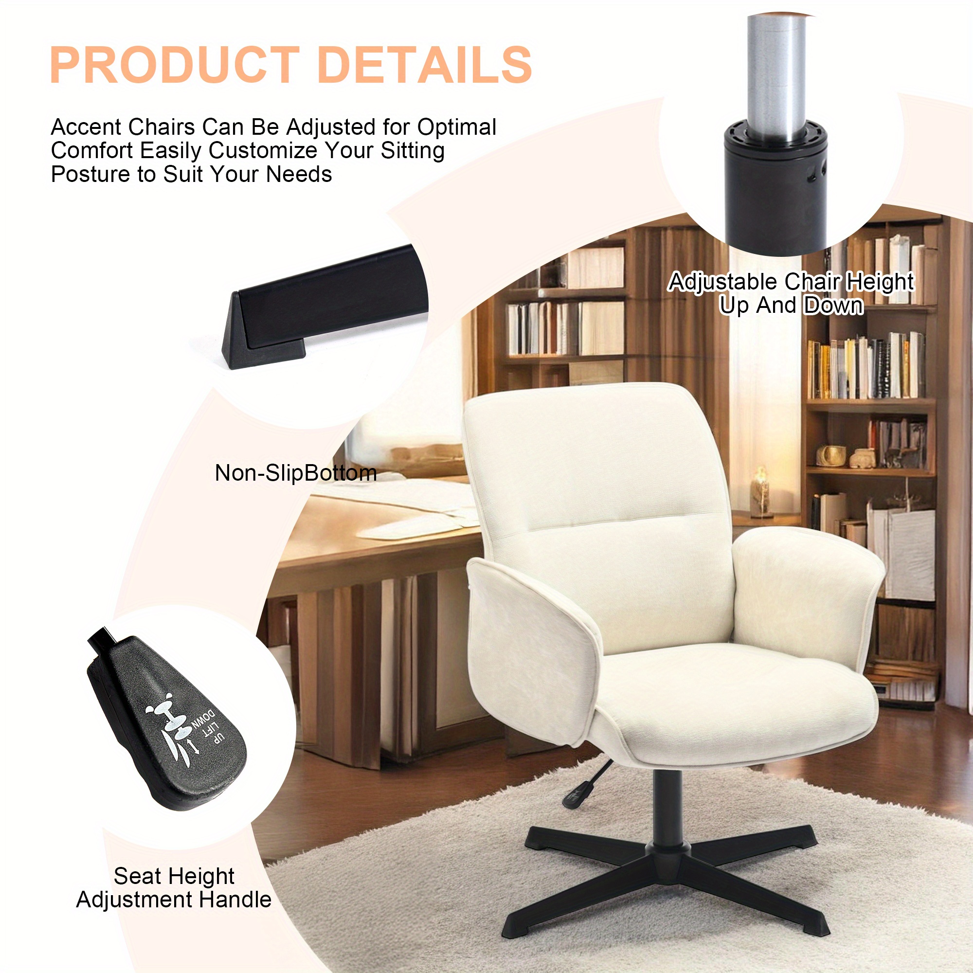 Homy Casa Beige Upholstered Chenille Dining Chair, Side Chair, Swivel Adjustable Height Accent Chair Featuring Padded Arms And Iron Legs, Modern Design Suitable for Cafe, Kitchen, Dining Room, Available in Single Piece Or Sets of 2 Or 4