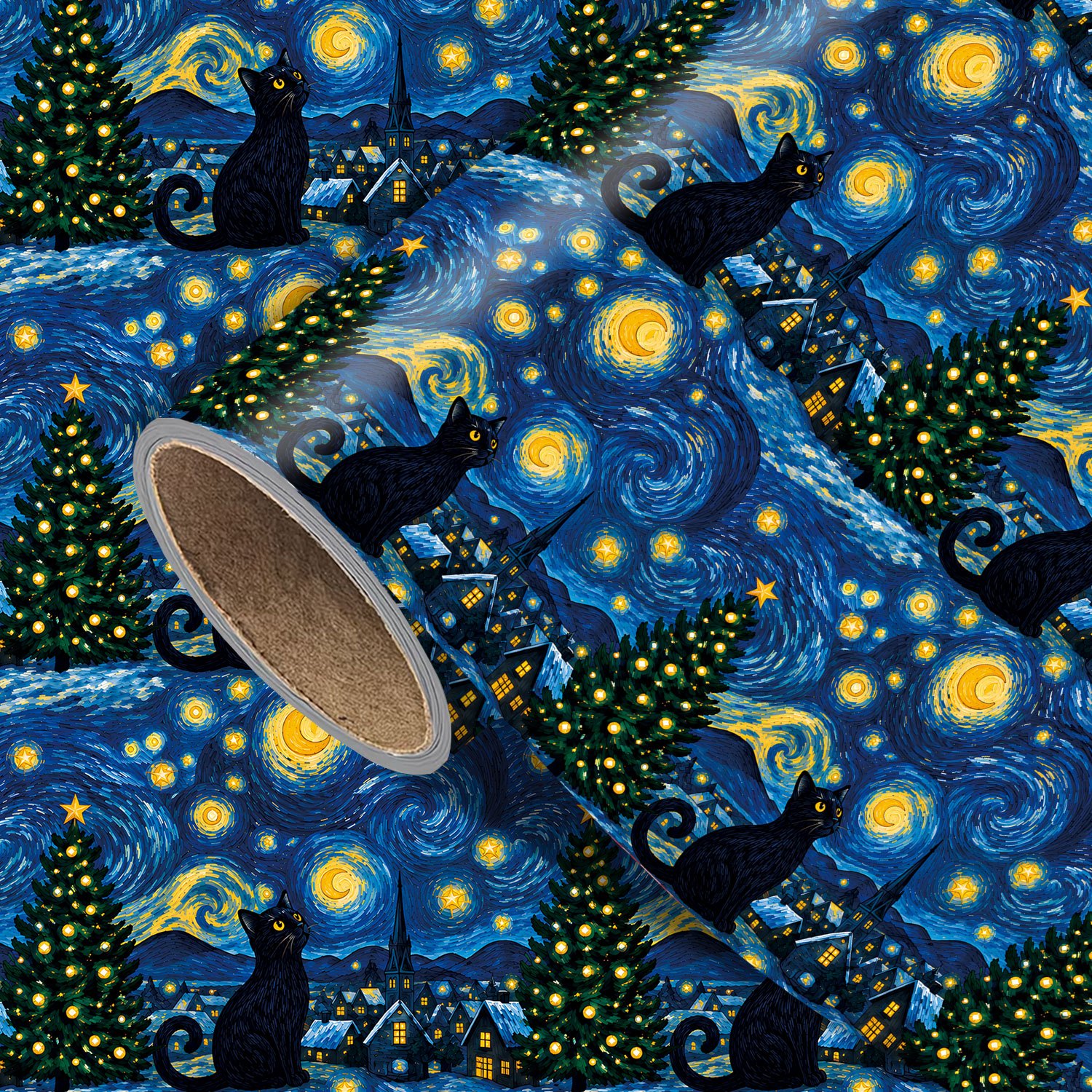 TEMU 1 Roll Christmas Wrapping Paper - Xmas Van Gogh Starry Night Black Cat, Designs For Holiday - Measuring 45cm × 300cm (17.7in × 118in)