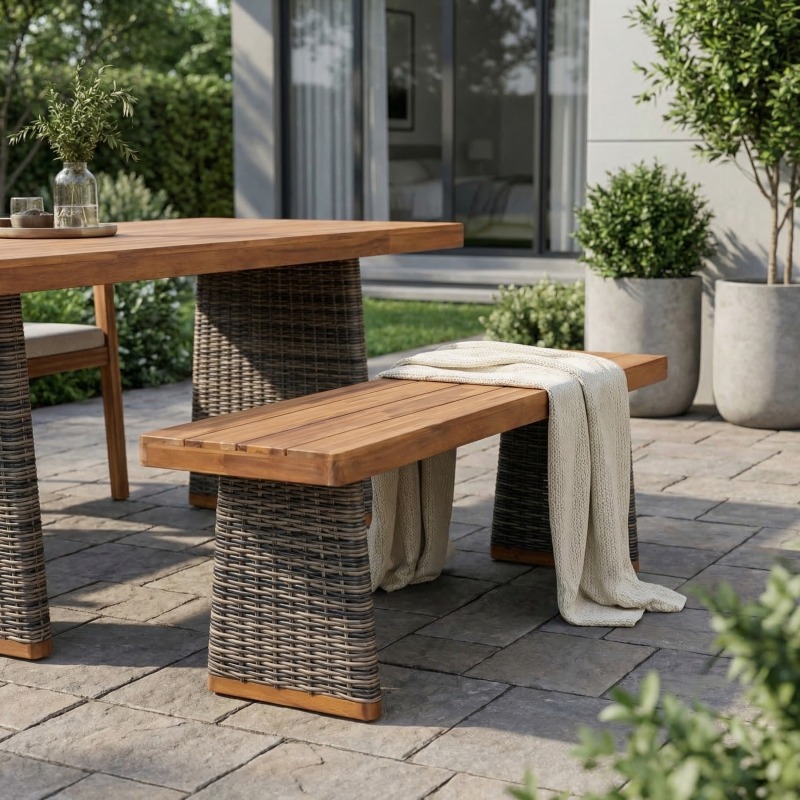 Outdoor 1pc Acacia Wood Bench, Teak Finish+ Grey Wicker