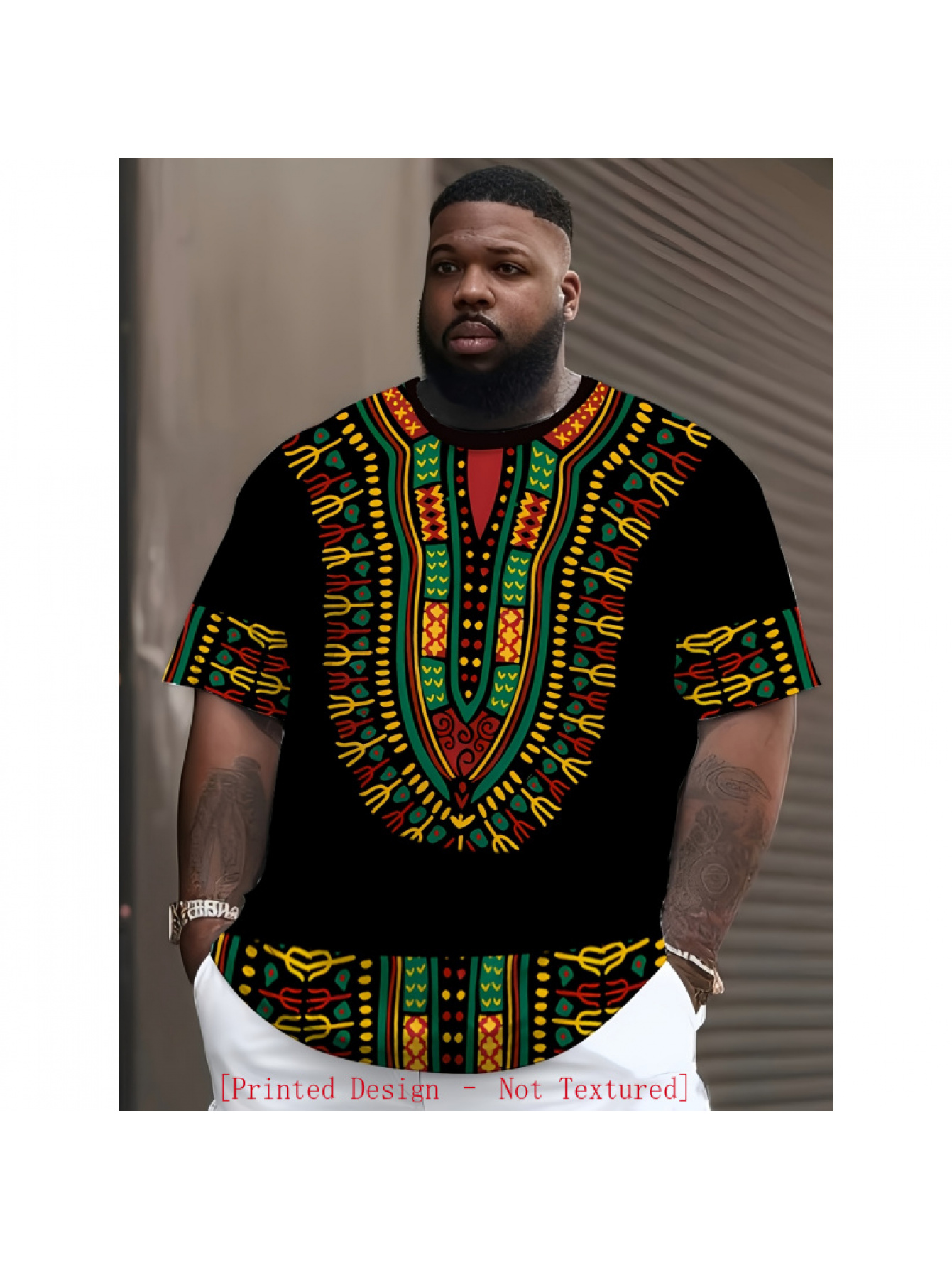 mens tribal print t shirt with geometric patterns black and bright colors fabric regular fit summer casual short sleeve top print design not textured