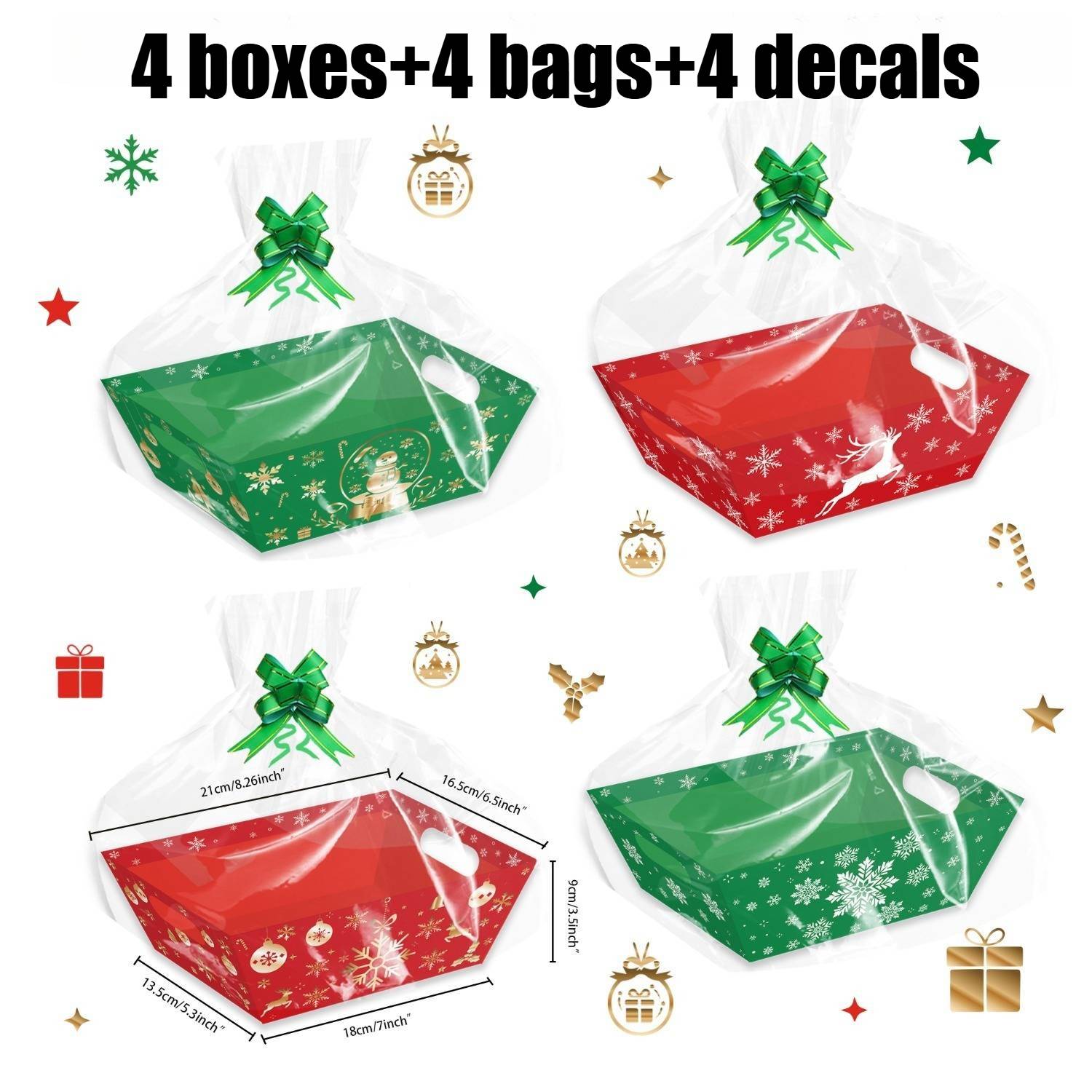 TEMU 4 Sets Large Christmas Gift Basket Kit, Empty Fillable Gift Baskets For Presents, Green With Snowman Prints, For Christmas, Birthday Party And