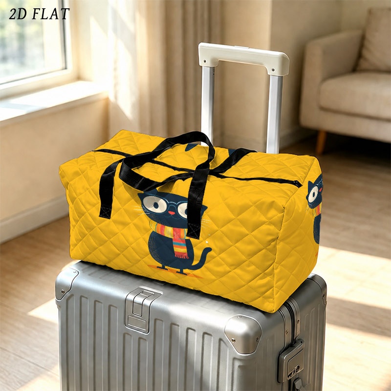 2d printed travel duffel bag cute glasses wearing black cat with colorful striped scarf on solid yellow background durable polyester luggage in 46x21x22cm mixed color option ideal for weekend trips daily outdoor travel
