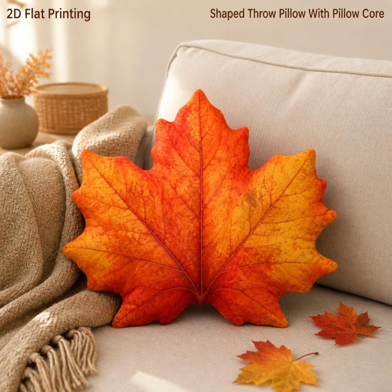 TEMU Amber Maple Leaf 2d Flat Printing Shaped Stuffed Throw Pillow Decorative Cushion Pillow Orange Fall Decor Bedroom For Thanksgiving Gift