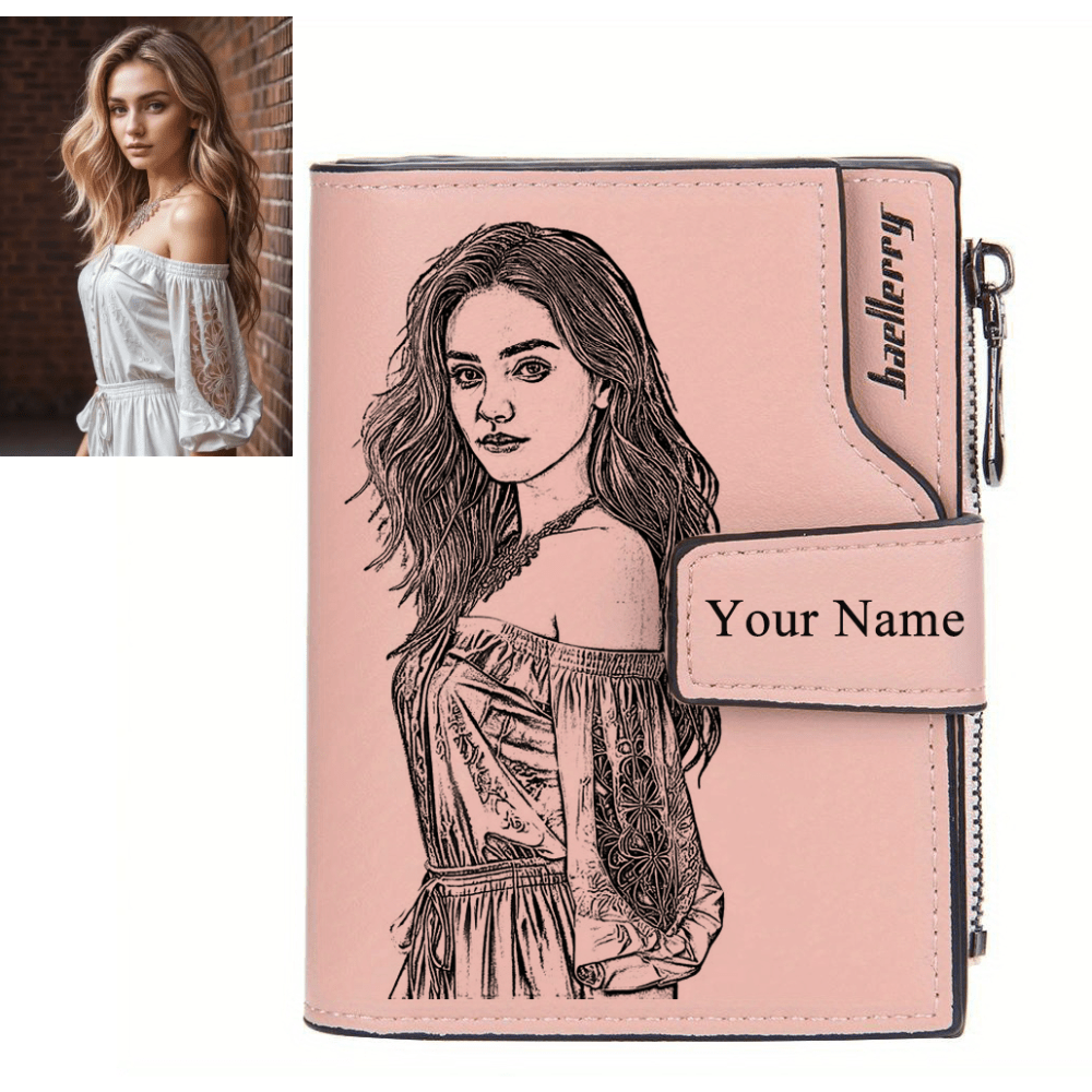 TEMU Custom Photo Name Wallet For Women - Engravable With Name/letters, Pink Luxury Wallet With Button Closure And Photo/card Holder - Gift For