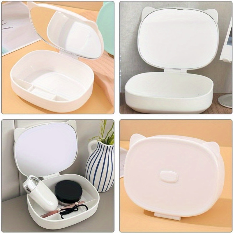 Portable Cat Head Makeup Organizer with Mirror - Compact Cosmetic Storage Box for Jewelry, Earrings, Bracelets & Hair Accessories