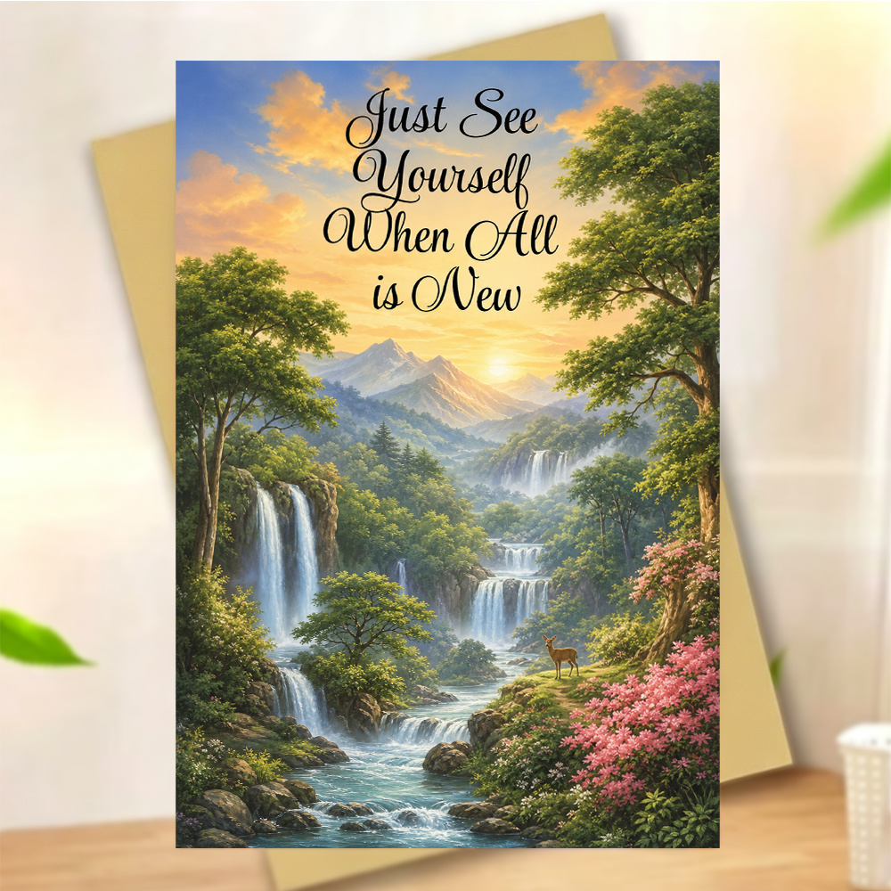 1pc Inspirational Encouragement Greeting Card, Just See Yourself When All Is New, Scenic Waterfall Sunrise Landscape Card, for Friends Family Coworkers, New Beginning