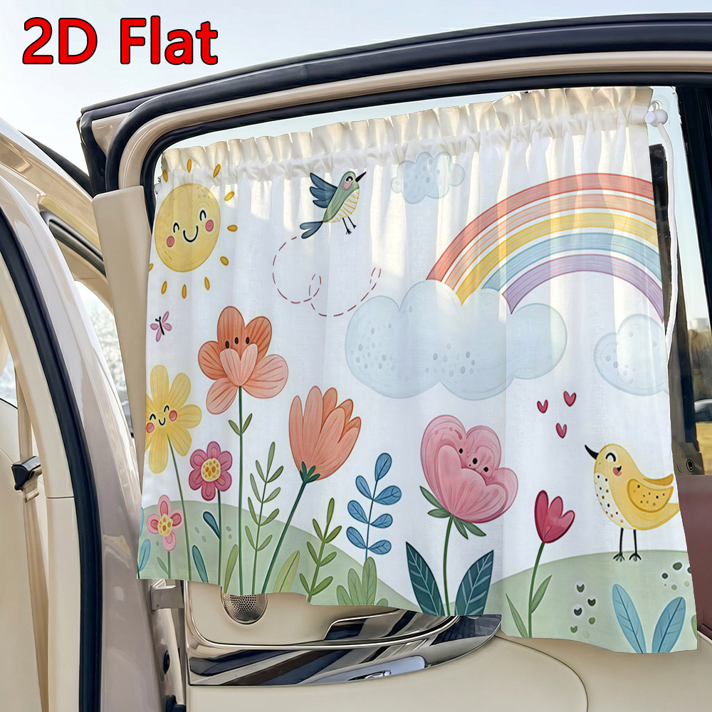 TEMU 1pc 2d Flat Car Sunshade, Cartoon Floral Colorful Print Adjustable Car Sunshade, Suction Cup Style Car Interior Curtain Side Curtain, Summer Sun