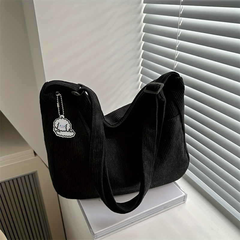 TEMU Sac à bandoulière en velours pour femmes - Sac à main noir décontracté à rayures de grande avec fermeture éclair et patch de chapeau , parfait