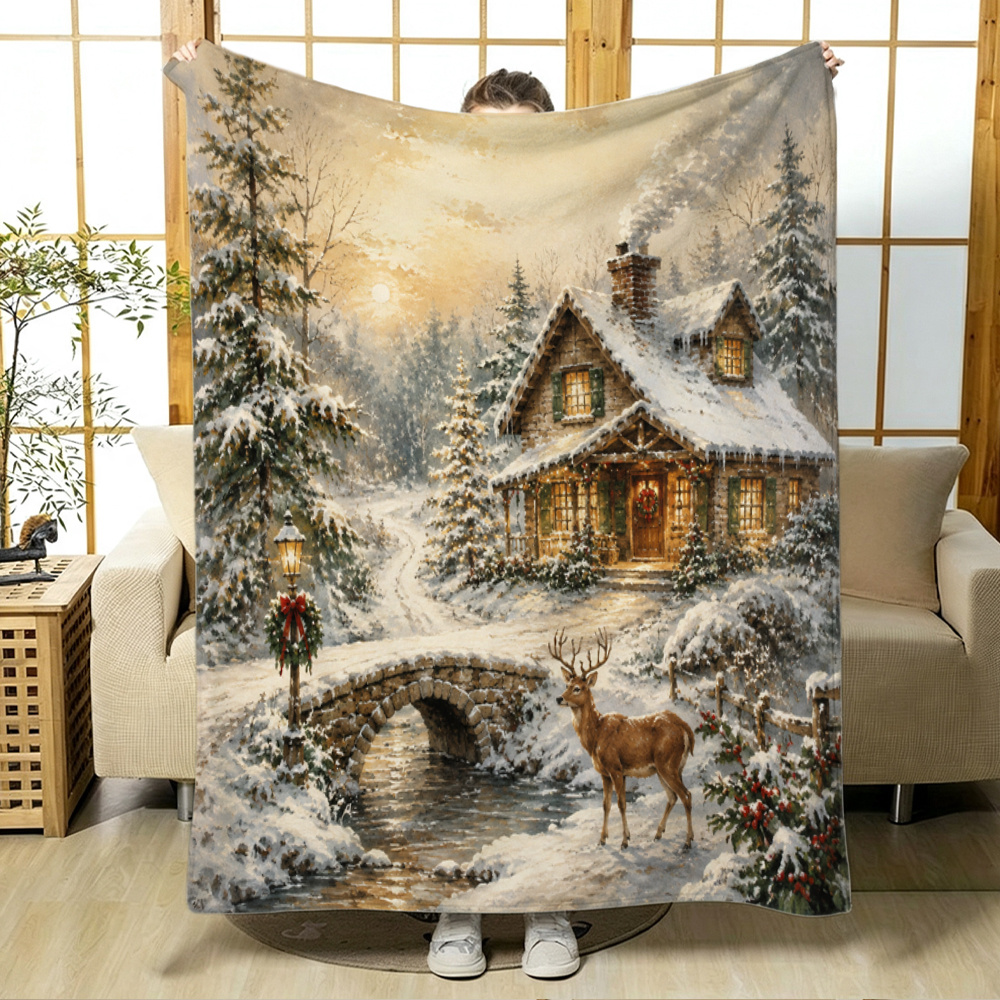 TEMU 1pc Christmas Winter Themed Flannel Blanket Comfortable Blanket Featuring Scenic Snowy Cabin And Deer Design Versatile For Camping, Home Decor,