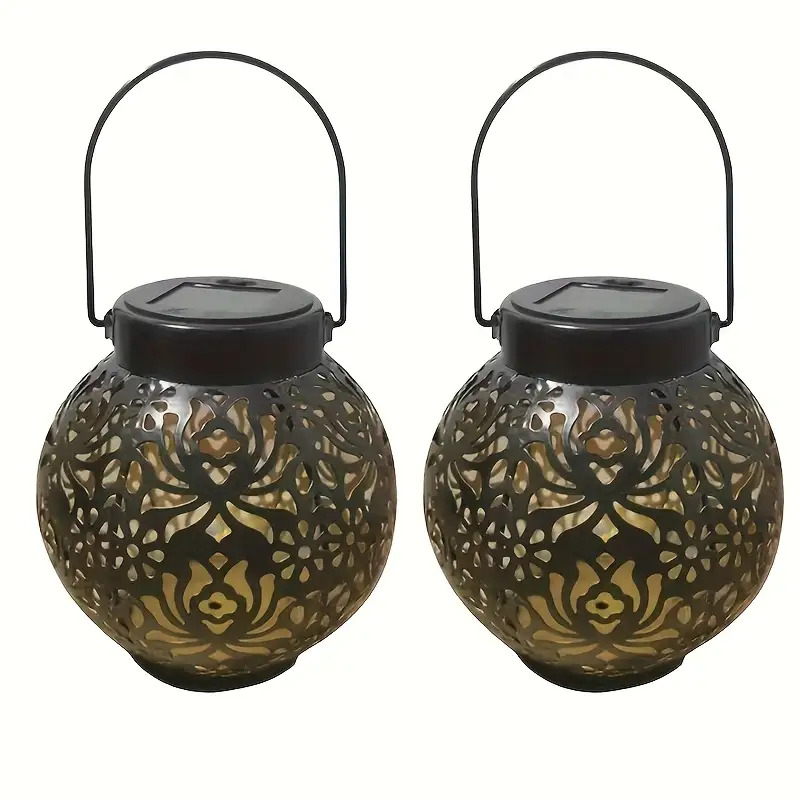 TEMU 2pcs Outdoor Solar Hanging Lights/table Lamps, Desktop With Handle, Led Moroccan Lanterns, Metal Decorative Garden Solar Lights, Suitable For