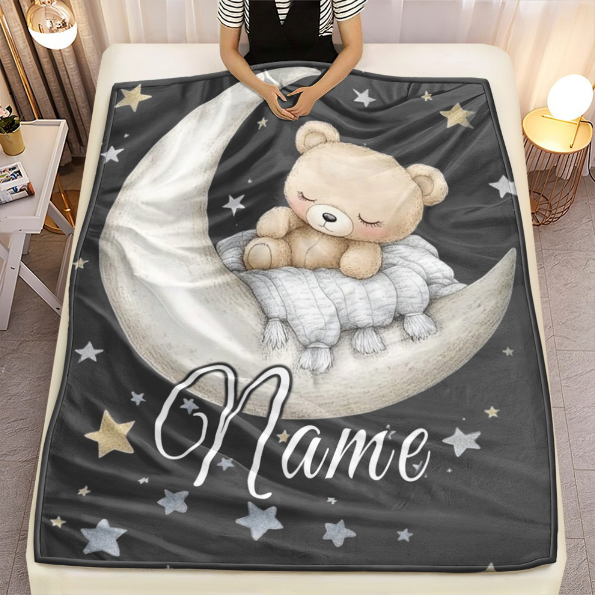 Personalized Bear Moon Portable Blanket, Lightweight Throw