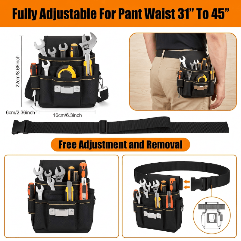 TEMU Large Capacity Black Tool Organizer Fanny Pack, Yellow-green Contrast Stitching Design, Multi-pockets For Classification Storage, Portable