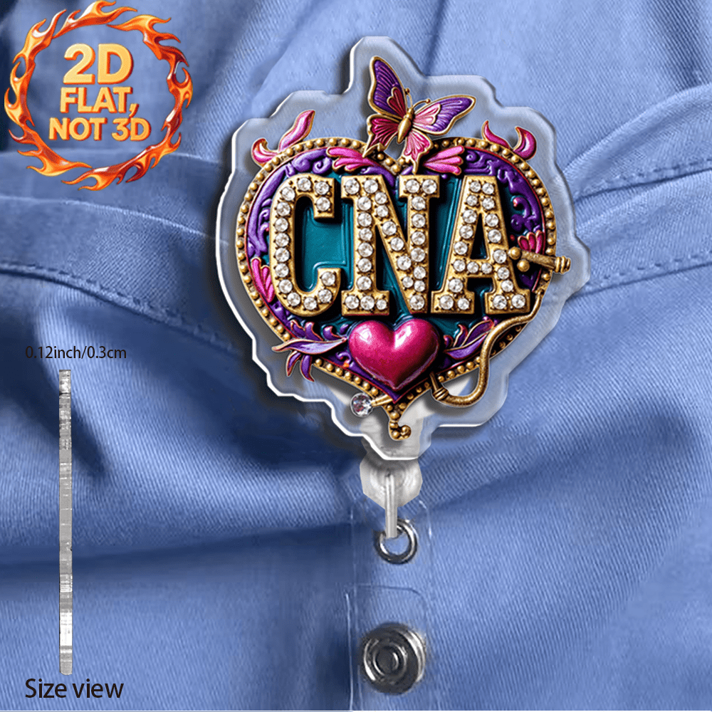 TEMU 2d Retractable Badge Holder With Clip - Heart-shaped Id Badge Reel, Cna Design Suitable For Nurse, Acrylic Reel With Retractable Mechanism For