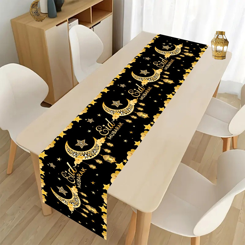 

1pc Chemin de table en polyester - 100% Polyester Machine Made Noir & de lanterne pour la décoration de table de Ramadan & Eid al-Fitr, Fournitures de fête de coupe générale