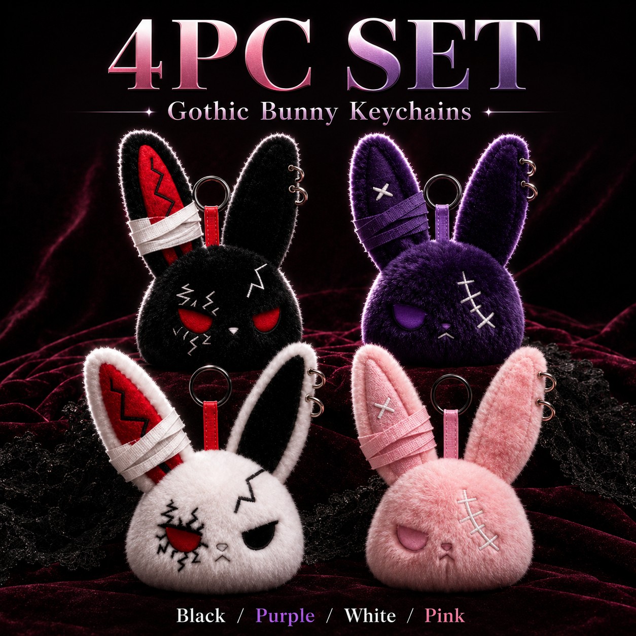 TEMU Porte-clés en peluche lapin gothique Y2K Dark, breloque de sac tête de lapin cousue, à dos, cadeau de rentrée scolaire pour étudiants