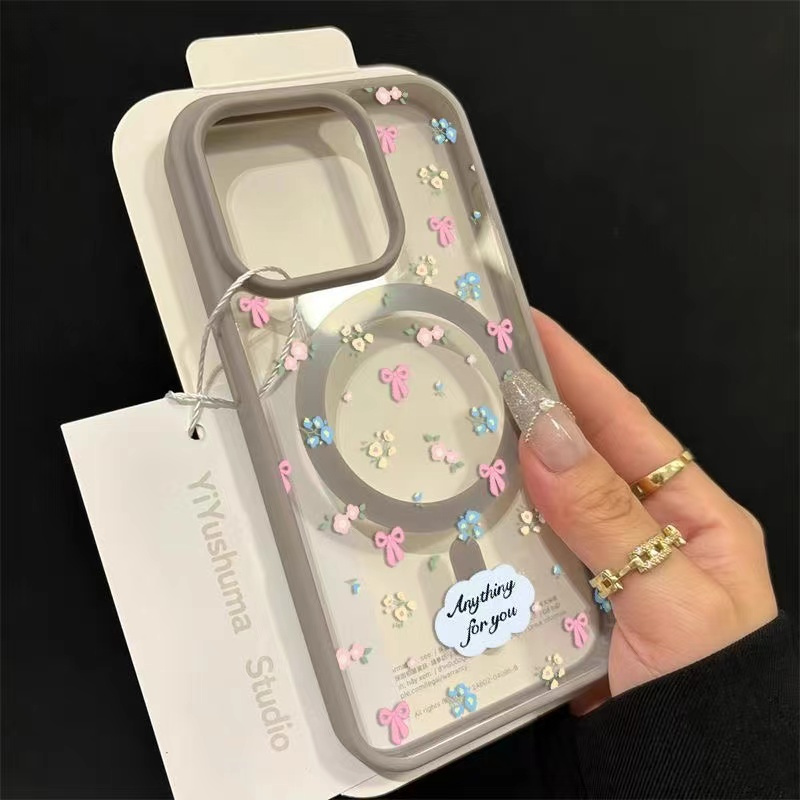 TEMU Phone Case: Broken Flower Bow Transparent Built-in Magnetic Circular Soft Shell Phone Case, Compatible With Iphone 16 15 Pro Max 14 13 12 11 Pro