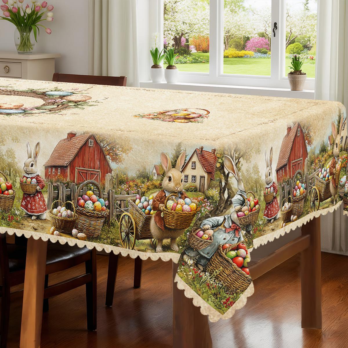 TEMU 1pc, Easter Themed Party Tablecloth, Spring Summer Rabbit Colored Eggs Floral Country Farmhouse Style Printed Design, Rectangular/round/oval