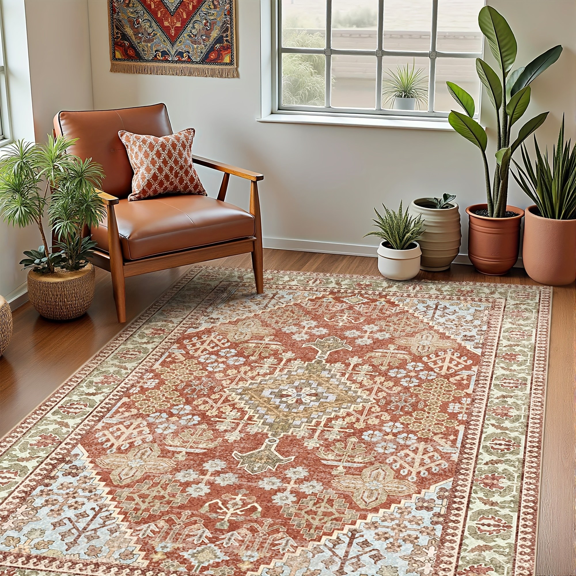 TEMU Velvet Bohemian Style Living Room Rug - Large Orange Floor Mat, Soft Washable Dining Room Non-slip Backing Office Bedroom Home Decor Carpet -