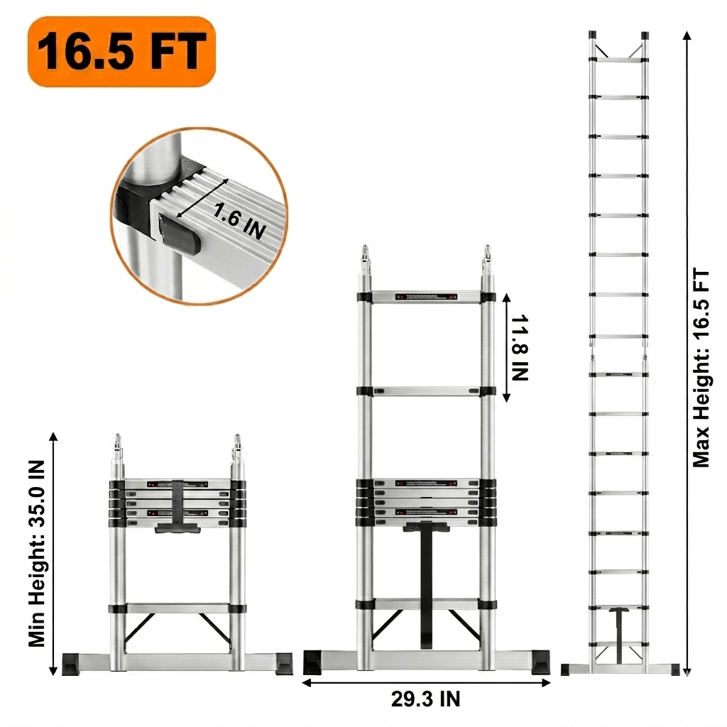 escalera telescópica de 8.5-16.5 pies, escalera de extensión   resistencia con ganchos, escalera plegable en a de 6.2-16.4 pies, escalera multiusos para techo   y autocaravana, capacidad de peso de 330  ,   antideslizantes, escalera telescópica portátil y  