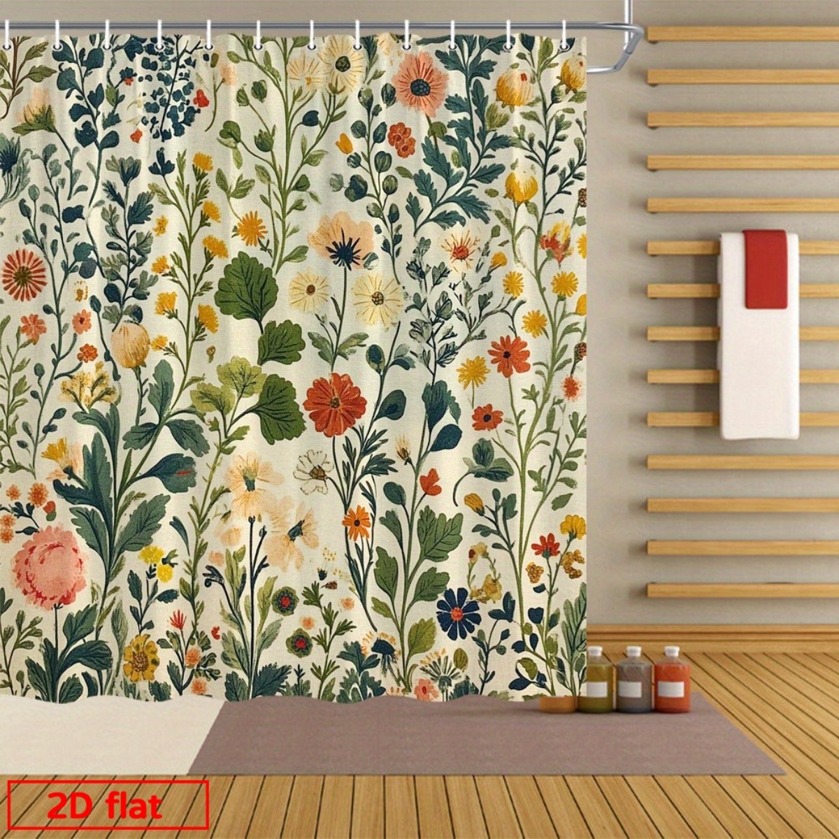 TEMU 2d Flat, 2d Flat Printing Shower Curtain, 1pc Vintage Botanical Print Shower Curtain, Vibrant Roses, Daisies, Wildflowers On Beige Background,