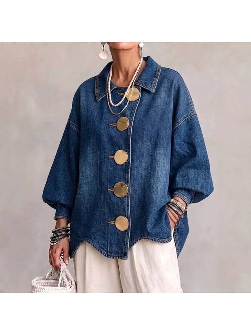 item picture women oversized denim jacket lapel lantern long sleeve big golden button irregular hem loose jean outerwear