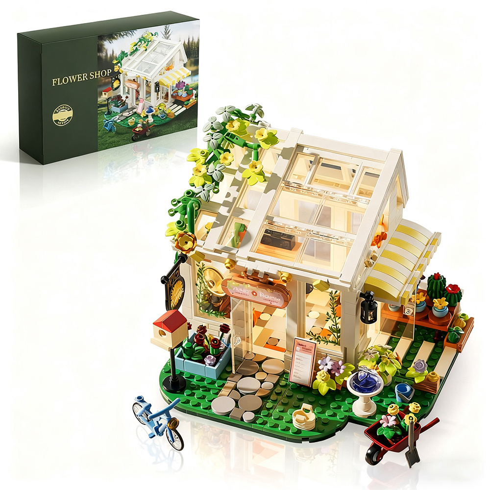 Image of Sunshine Greenhouse Flower Shop Building Block Set, City Flower Model, House Construction Toys, Collection Home Decoration Gift Festival Gift