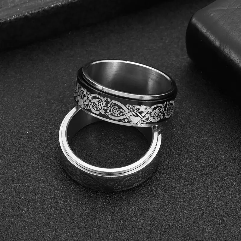 new mens titanium 201 stainless steel ring with dragon pattern rotatable relax finger accessory Product details 0