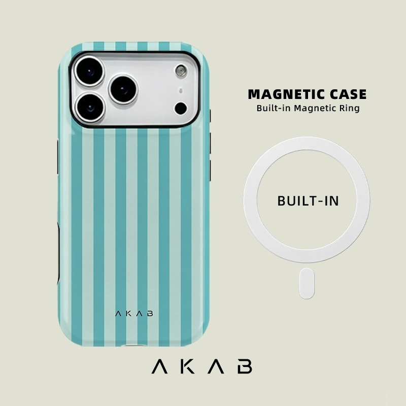 TEMU Phone Case: Akab Magnetic Phone Case, Teal Turquoise Vertical Stripe Aesthetic Design For Iphone 17 16 15 14 13 12 11 Pro Air, 2-in-1 Dual-layer