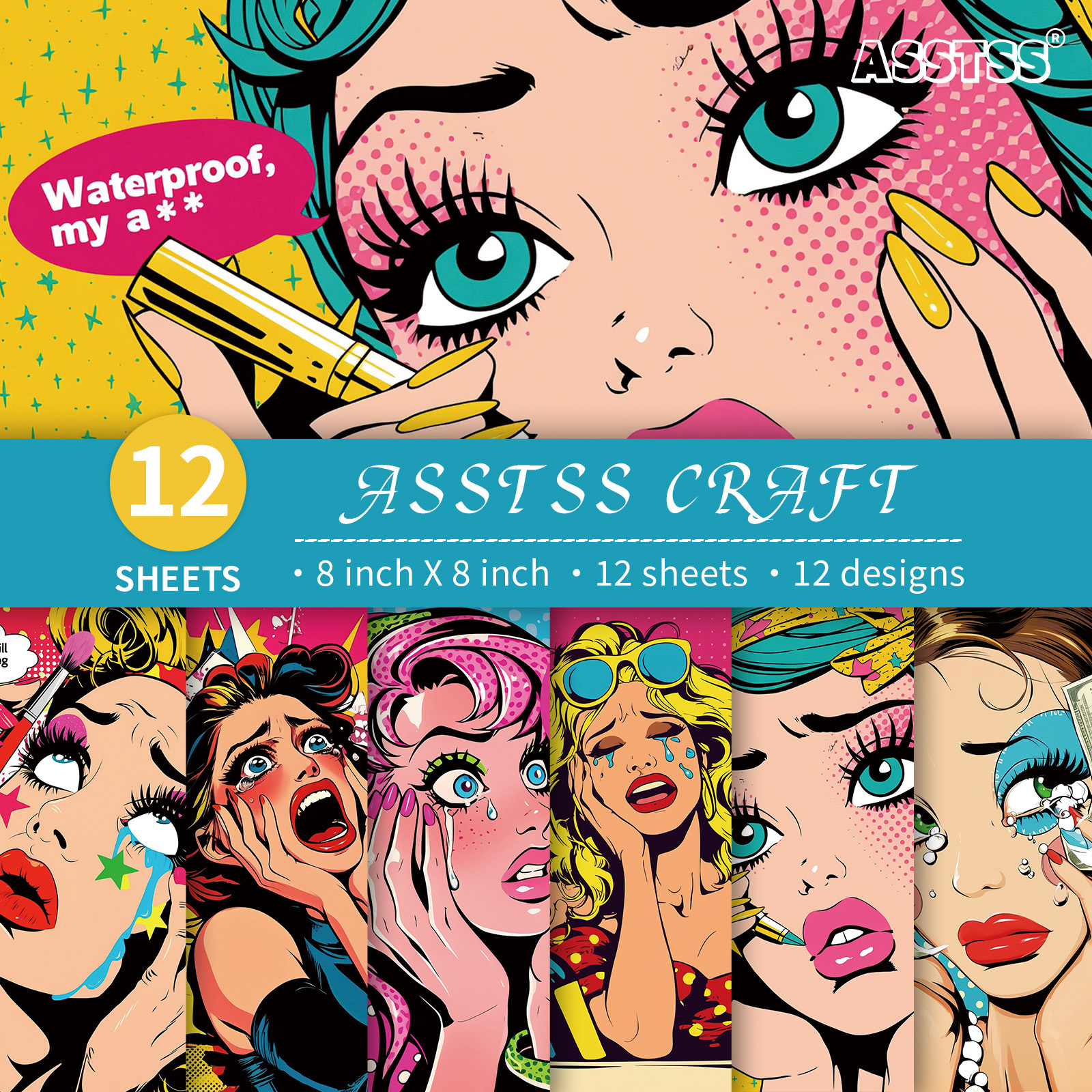 TEMU Asstss 12-sheet 8"x8" Scrapbooking Paper Pad - Heavyweight Cardstock Compatible For Journaling, Collage Art & Greeting Cards - Retro Pop Art