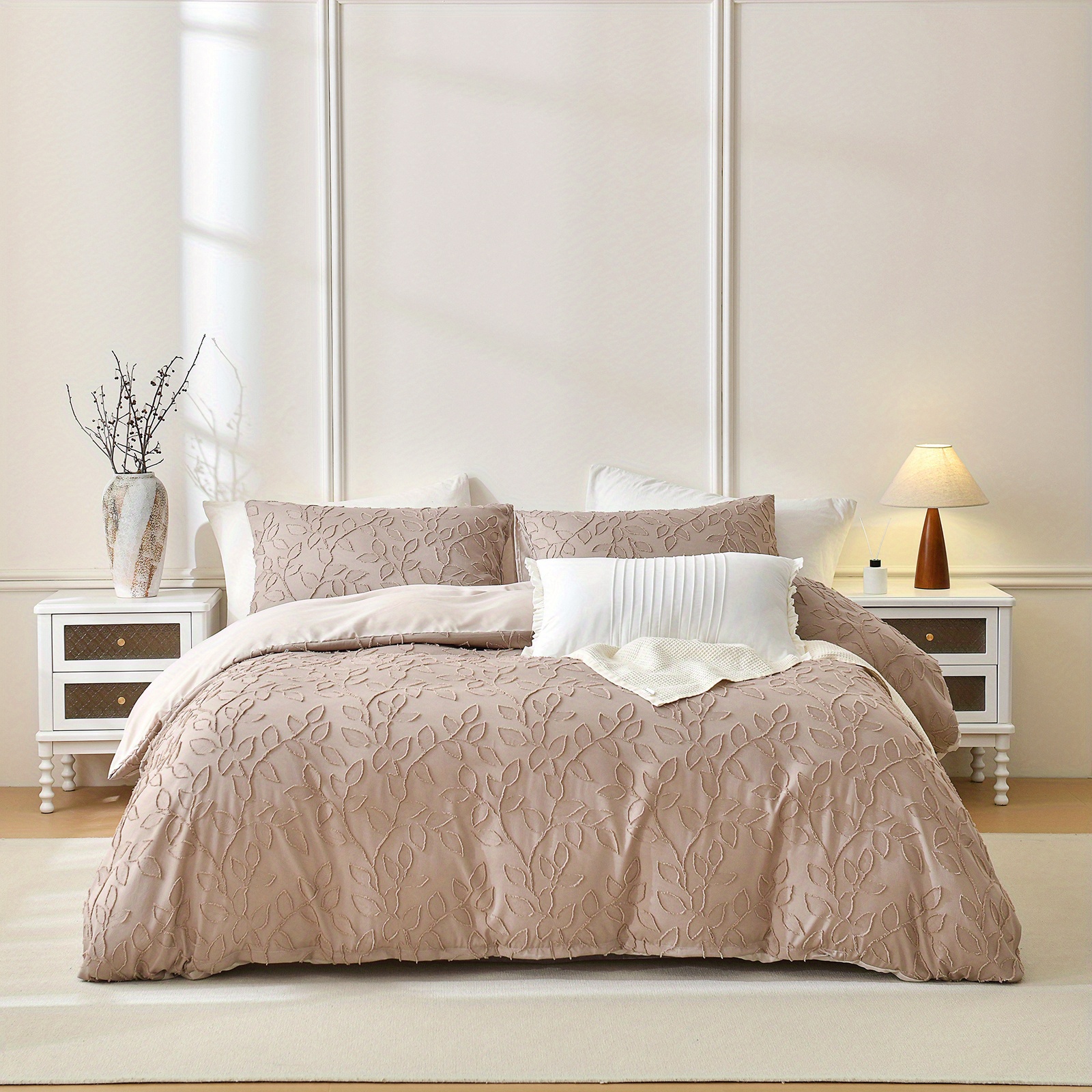 Boho Tufted Duvet Cover Set White Beige Bedding Farmhouse Leaves Tufted Design Duvet Embroidered Quilt Cover Soft Microfiber Bedding For Girls Teens Adult