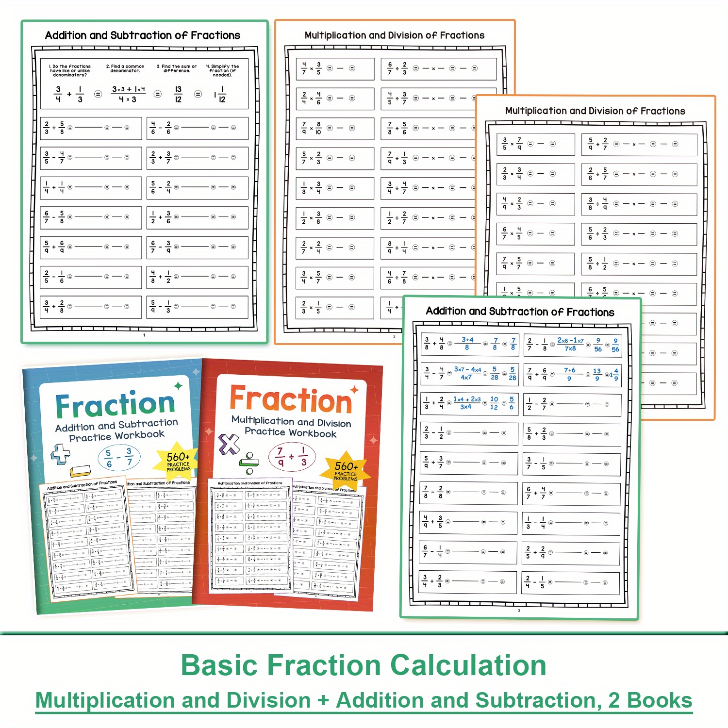 Image of A Collection Of Workbooks Fraction Calculations For Elementary Students, Featuring Guided Exercises In Addition, Subtraction, Multiplication, And Division, Designed For Teachers Of Grades 3 To 5