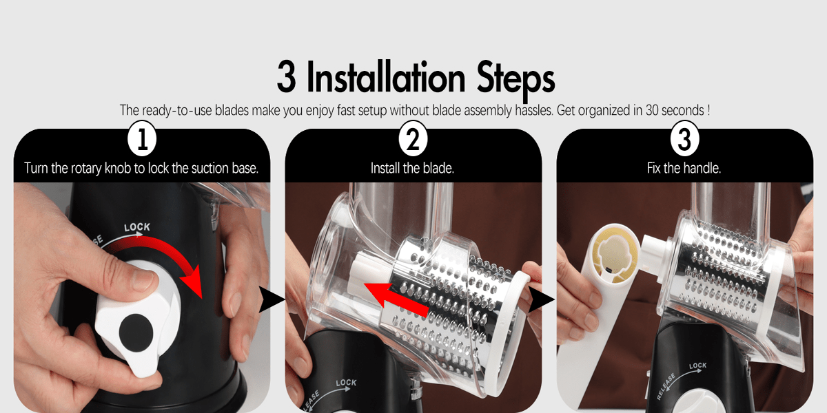 Hand-Cranked Rotary Cheese Grater | for Shredding Fresh Cheese, Vegetables, And Nuts, Metal, Non-Slip Suction Base, Includes Three-Blade Cleaning Brush