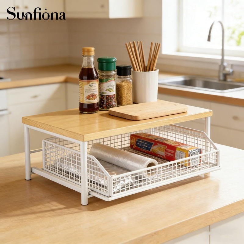 TEMU Sunfiona Organisateur de Comptoir de Cuisine avec Tiroir et Panier Métallique - Étagère de Rangement Robuste en Bois Dur, Étagère à 2 Niveaux,