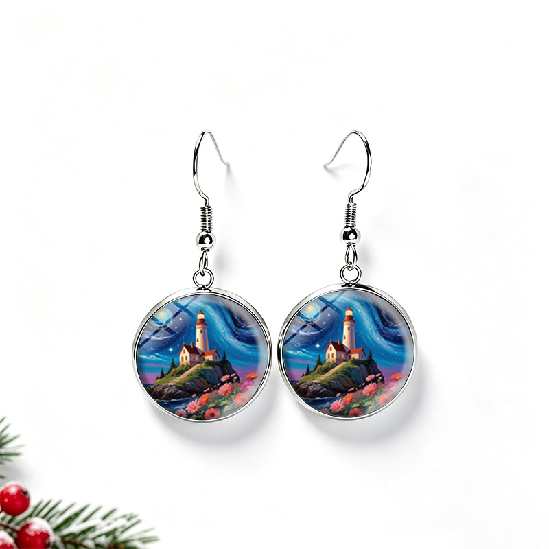 Starry Sky Lighthouse Island Flowers Round Glass Dangle Earrings