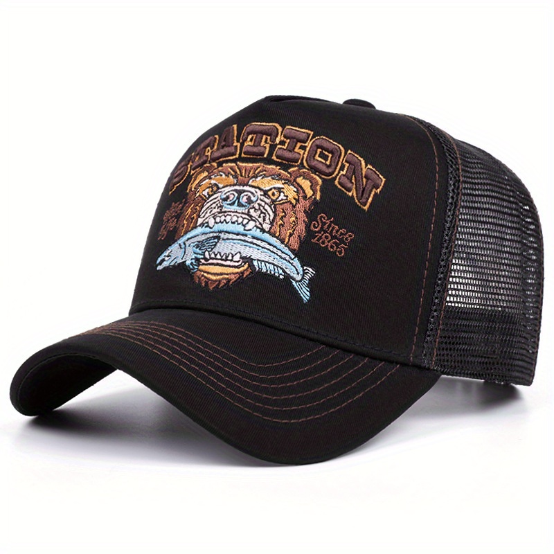 TEMU Unisex Baseballpet met Amerikaanse Retro Beerhoofd Print en Ademend Mesh in Contrasterende Kleuren