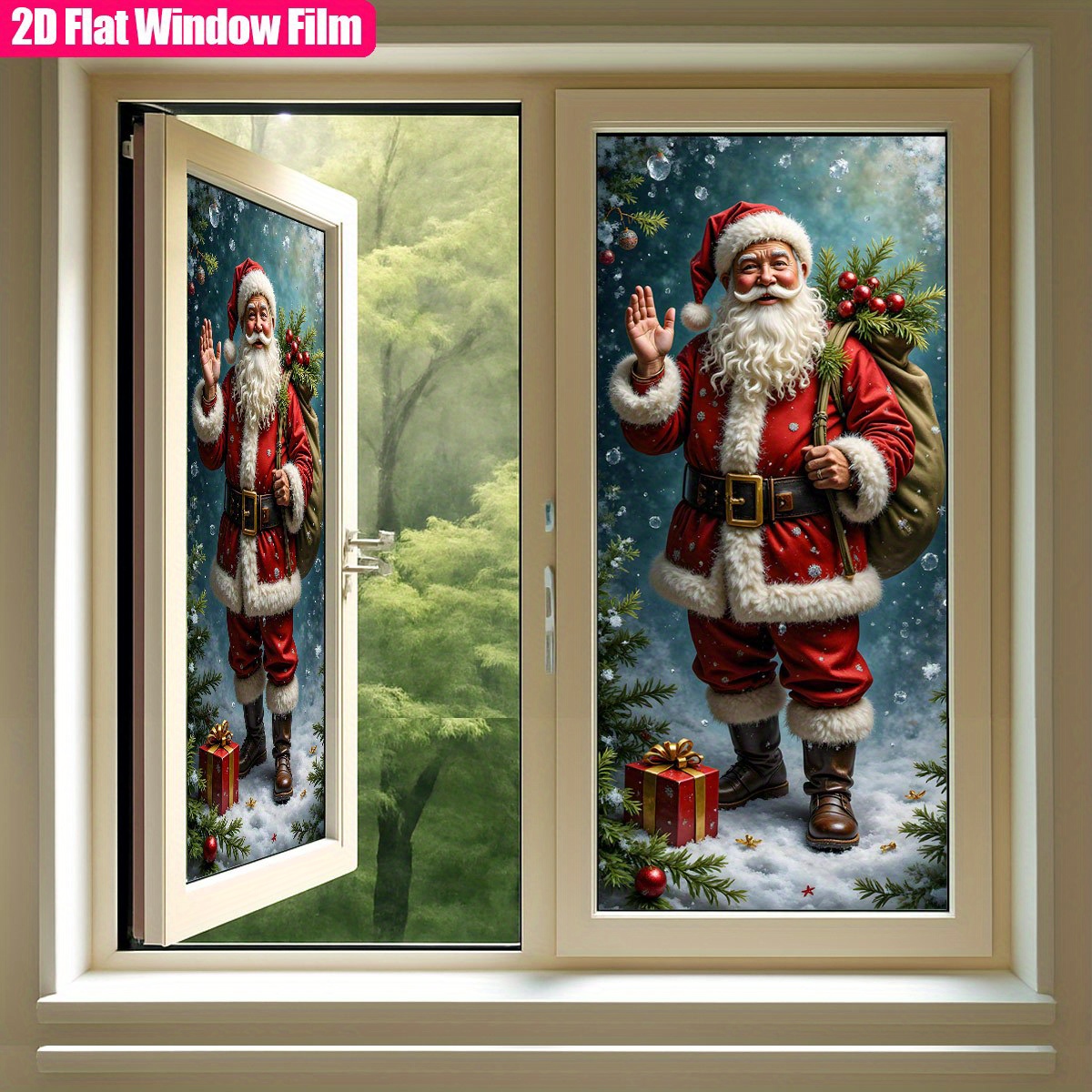 TEMU 2d Flat, 1pc, 2d Flat Frosted Static Cling Pvc Window Film Christmas Santa Claus Waving With Gift And Bag Stained Glass Window Film Non-adhesive