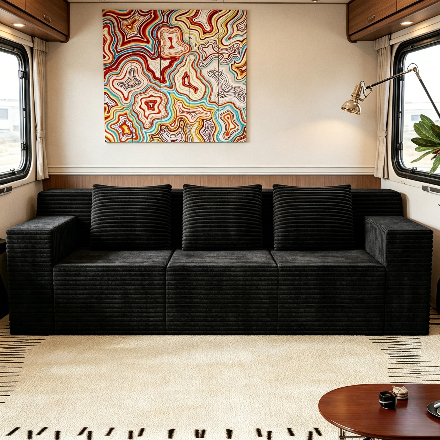 an rv style three seater sofa suitable for use   room   with 3 throw pillows a built in box style cushioned sofa no     suitable for living room bedroom and rv