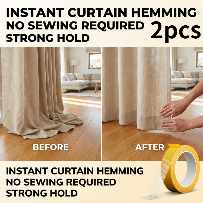 TEMU 2pcs 393.7-inch Curtain Shortening Tape – Adhesive, Convenient Roll Packaging, Suitable For Curtains, Long-lasting Durability